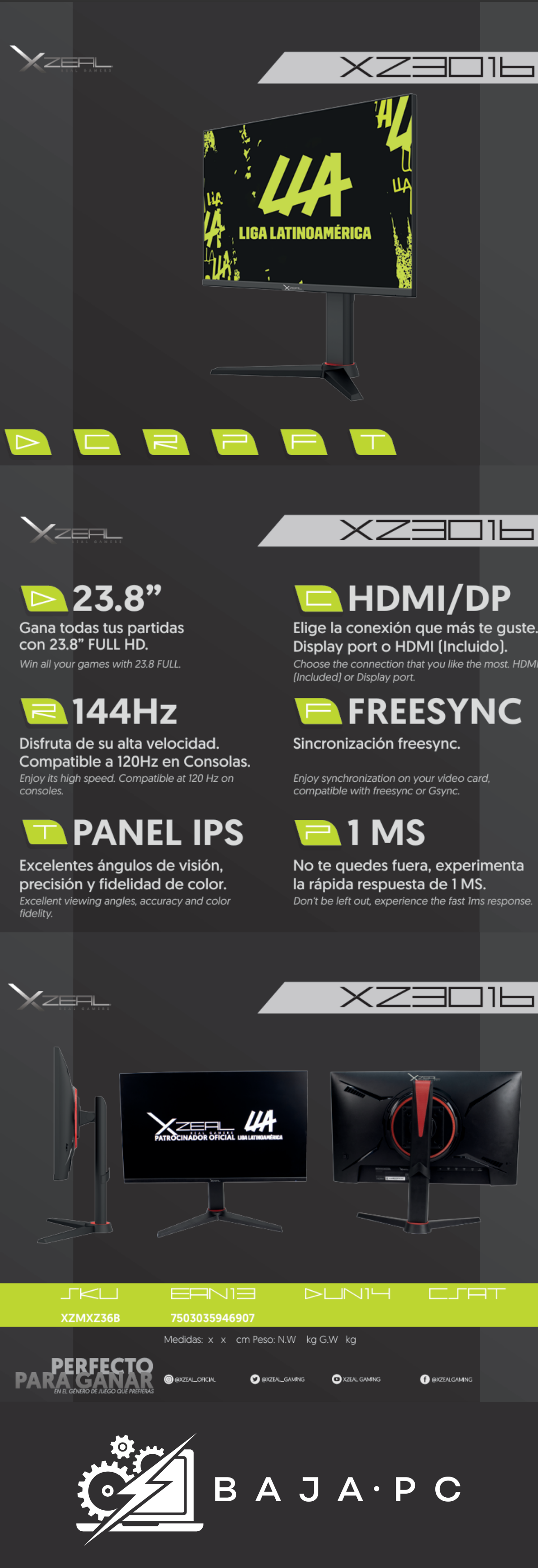 Monitor Gamer XZEAL XZ3010-1 / LLA EDITION / 23.8" / 1MS / 144Hz / HDMI / DP / FREESYNC / XZ3010-1 / PROMOXZEAL