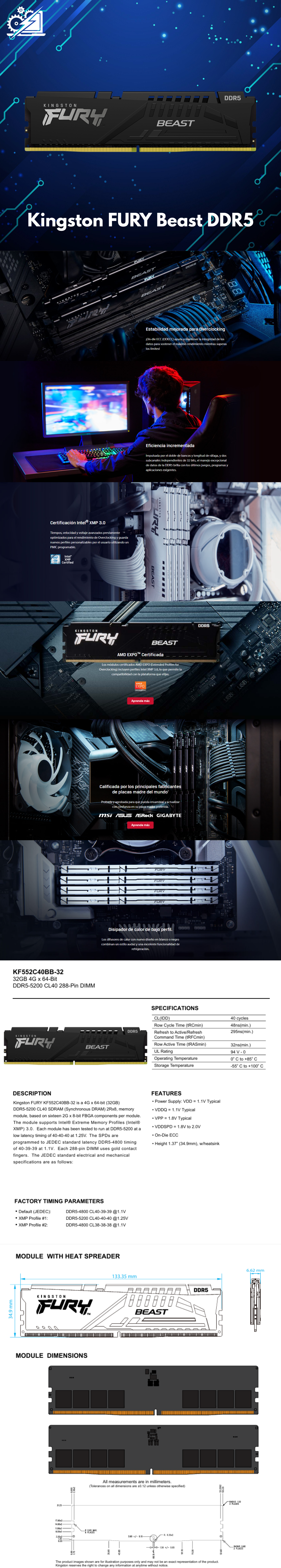 MEMORIA RAM KINGSTON FURY BEAST BLACK XMP DIMM DDR5 32GB 5200MT/S CL40 2RX8 1.25V