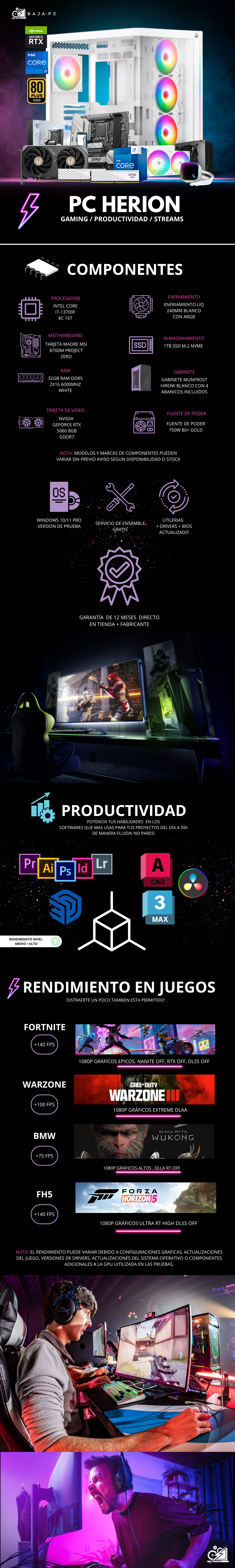 PC HERION / INTEL CORE I7-13700F / RTX 5060 / 32GB RAM DDR5 / 1TB SSD NVME / ENFRIAMIENTO LIQ 240MM / FUENTE 750W 80+ GOLD / PROMOCION