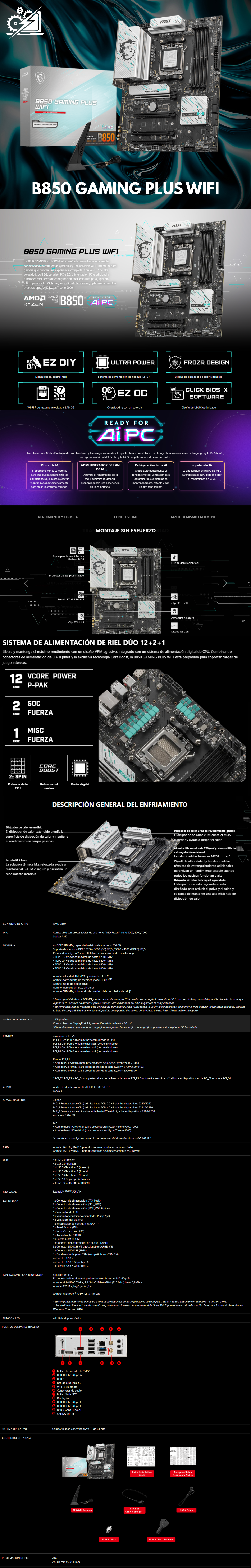 Tarjeta Madre MSI B850 GAMING PLUS WIFI / ATX / AM5 / AMD B850 / Up to 256GB DDR5 / B850 GAMING PLUS WIFI