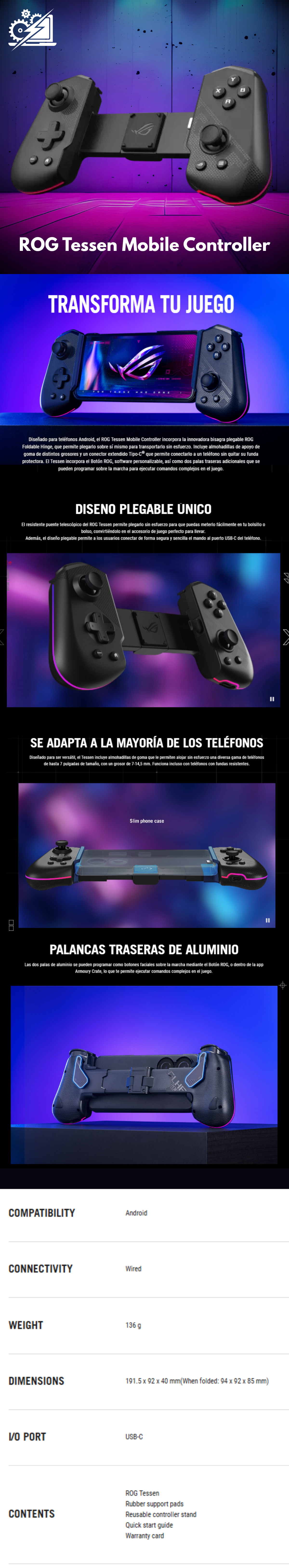 ROG Tessen - Controlador Gaming para móviles Android, diseño plegable, palancas traseras de aluminio programables, ROG Button, interruptores mecánicos, USB-C de 18 vatios y Aura RGB