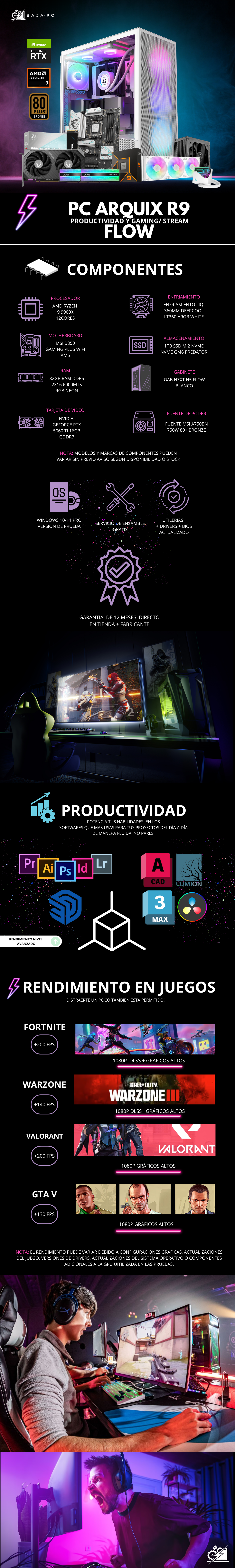 PC ARQUIX R9 FLOW / AMD RYZEN 9 9900X / RTX 5060 TI 16G / 32GB RAM DDR5 / 1TB SSD NVME / ENFRIAMIENTO LIQ 360MM / FUENTE 750W 80+ BRONZE / W11 PRO / PROMOCION