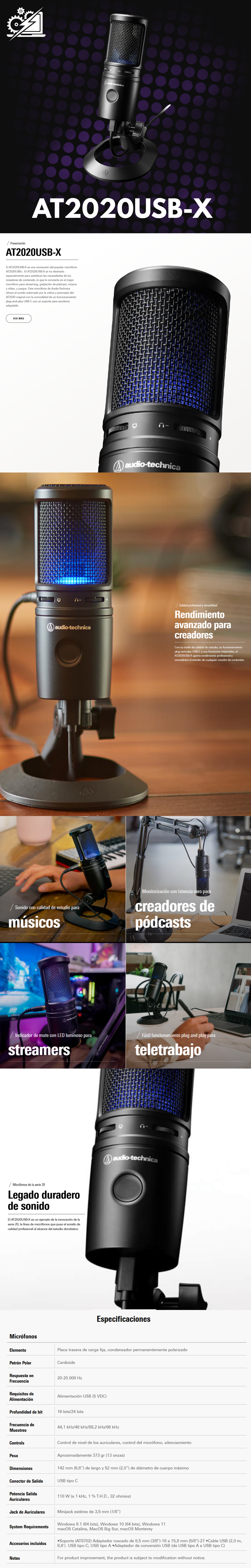 Audio-Technica AT2020USB-X Micrófono USB de Condensador cardioide, Negro