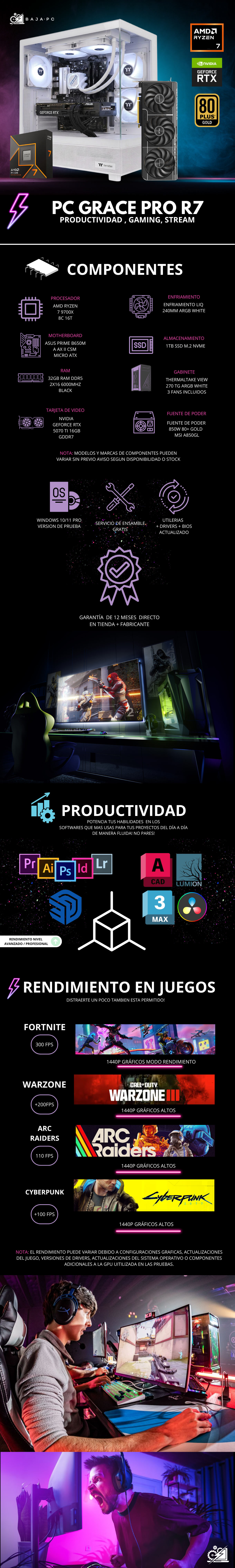 PC GRACE PRO R7 / AMD RYZEN 7 9700X / RTX 5070 TI / 32GB RAM DDR5/ 1TB SSD NVME / ENFRIAMIENTO LIQ 240MM / FUENTE 850W 80+ GOLD / B650 / W11 PRO / PROMOCION