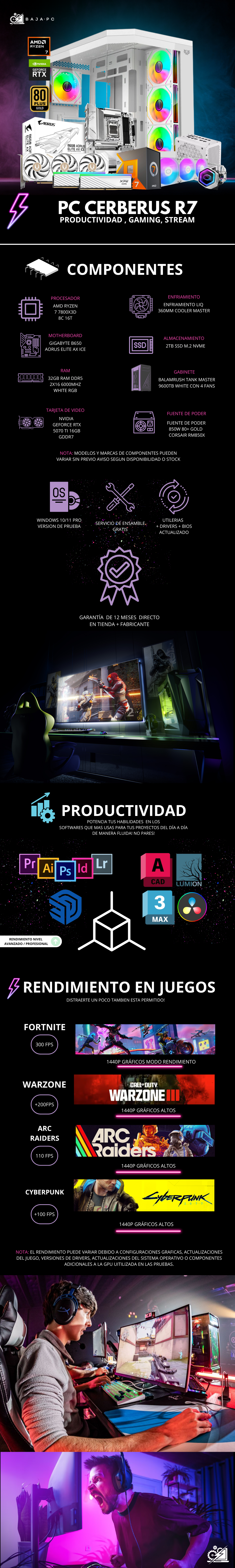 PC CERBERUS R7/ AMD RYZEN 7 7800X3D / RTX 5070 TI / 32GB RAM DDR5 / 2TB SSD NVME / ENFRIAMIENTO LIQ 360MM / FUENTE 850W 80+ GOLD / W11 PRO / PROMOCION