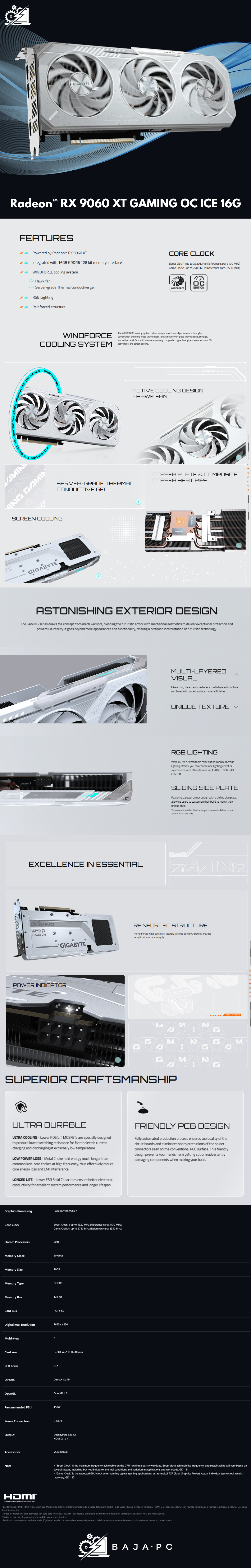 Tarjeta de Video Gigabyte AMD Radeon RX 9060 XT GAMING OC ICE, 16GB 128-bit GDDR6, PCI Express 5.0
