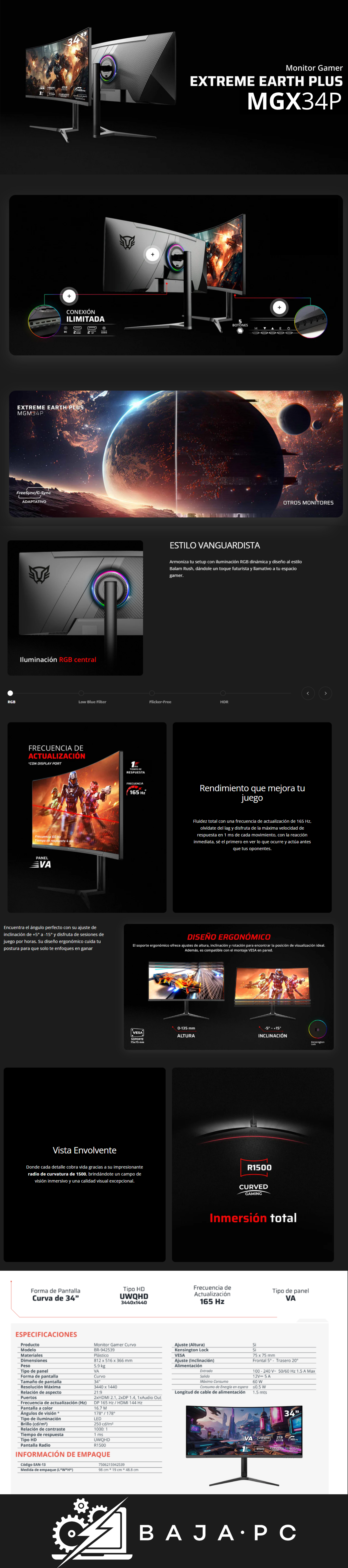 Monitor Gamer Curvo 34" VA | Extreme Earth MGX34P | Negro / 165HZ/ 1MS