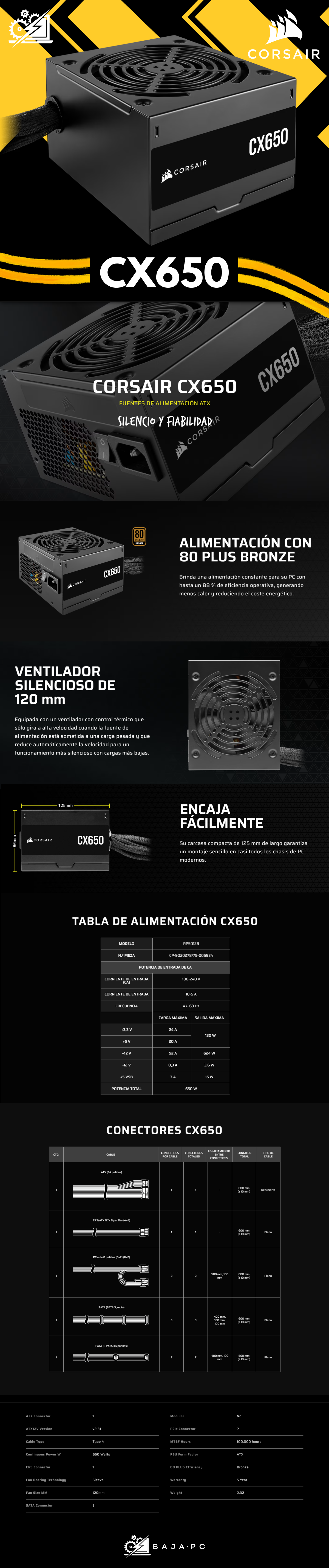 Fuente de Poder Corsair CX650 80+ Bronze / ATX / 120mm / 650W / CP-9020278-NA