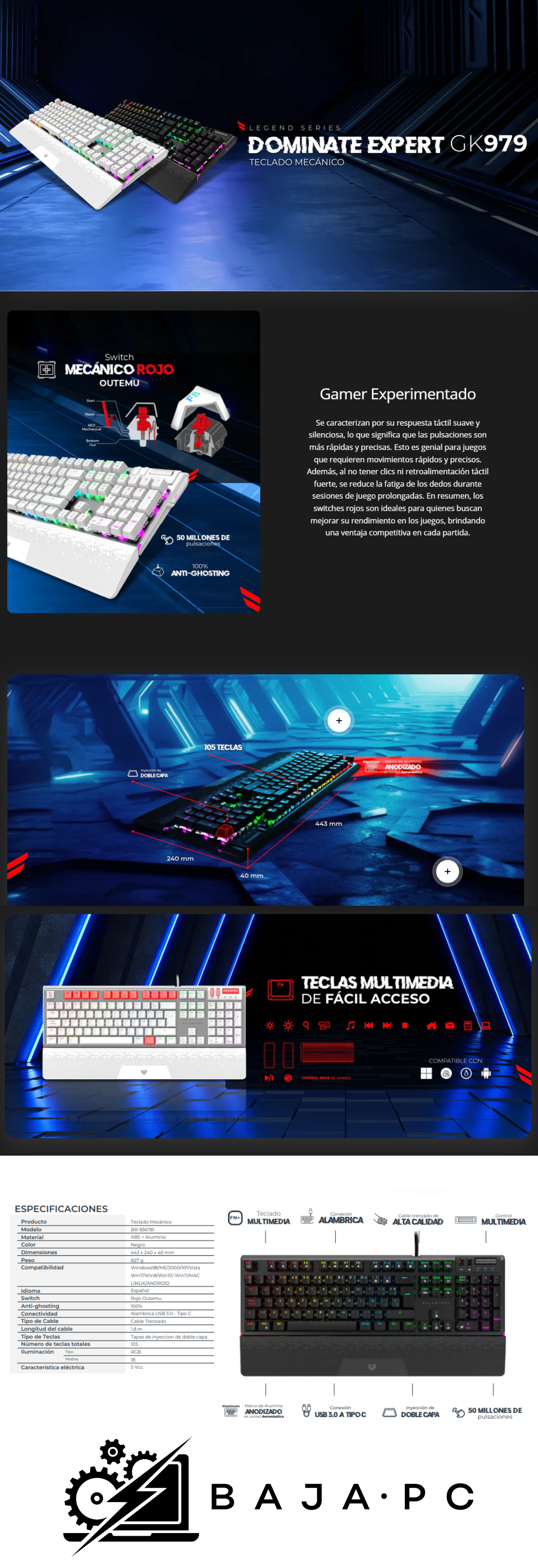 Teclado Gamer Balam Rush Dominate Expert GK979 RGB / Switch MX Red / Alámbrico / Blanco / BR-936798