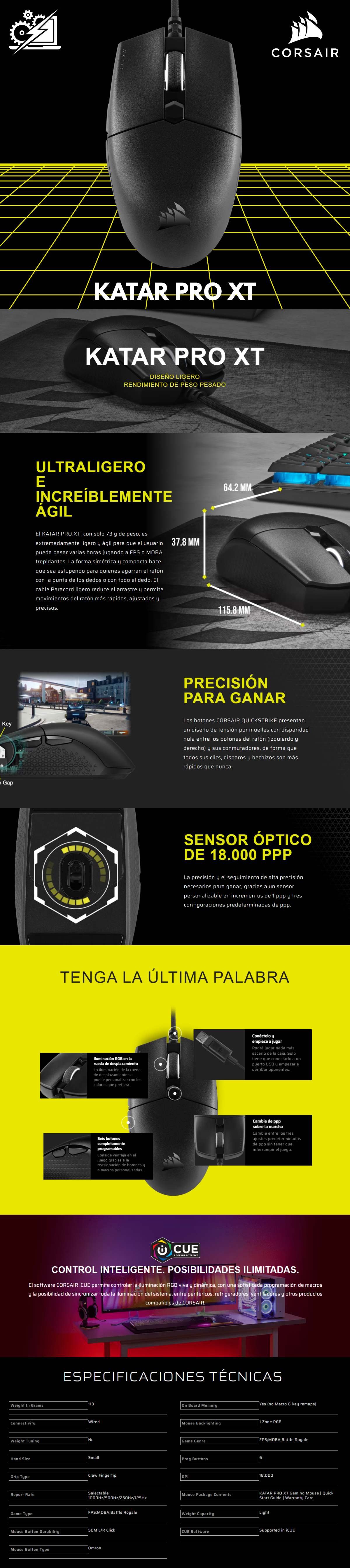 Mouse Gamer Alambrico Corsair Katar PRO XT / USB / 18000DPI LED RGB Corsair iCue / 6 botones programables