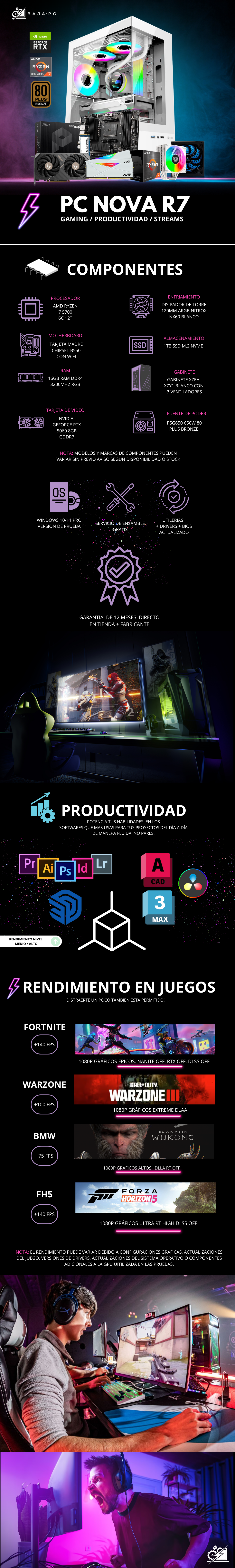 PC NOVA R7 / AMD RYZEN 7 5700 / RTX 5060 / 16GB RAM / 1TB SSD NVME / DISIPADOR DE TORRE / FUENTE 650W 80+ BRONZE / PROMOCION