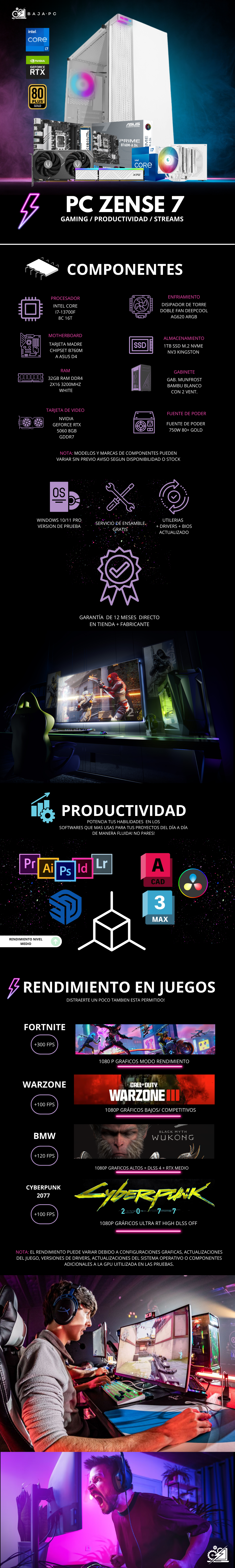 PC ZENSE 7 / INTEL CORE I7-13700F / RTX 5060 / 32GB RAM / 1TB SSD NVME / DISIPADOR DE TORRE DOBLE FAN / FUENTE 750W 80+ GOLD / W11 PRO / PROMOCION