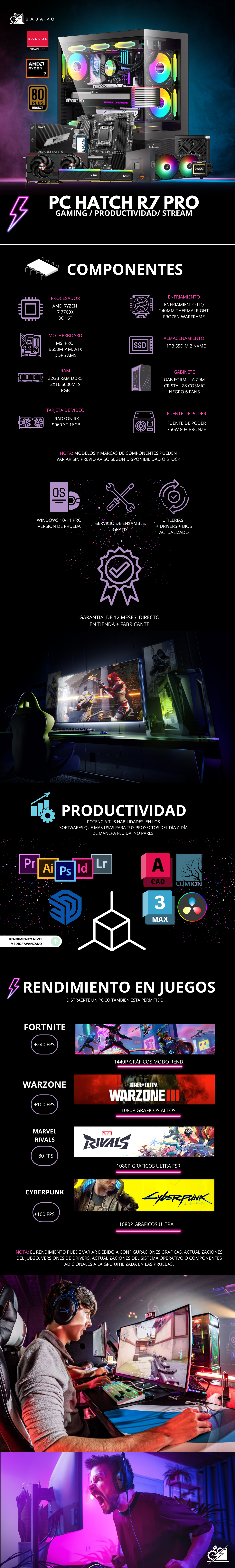 PC HATCH R7 PRO / AMD RYZEN 7 7700X / RADEON RX 9060 XT 16G / 32GB RAM / 1TB SSD M.2 NVME / B650M / FUENTE 750W 80+ BRONZE / ENFRIAMIENTO LIQ 240MM / W11 PRO/ PROMOCION