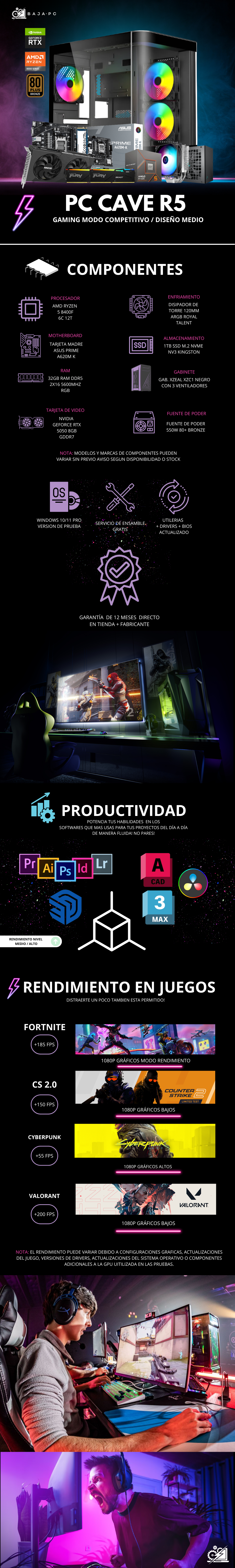 PC CAVE R5 / AMD RYZEN 5 8400F / RTX 5050 / 32GB RAM DDR5 /1TB SSD NVME / DISIPADOR DE TORRE / A620M / FUENTE 550W 80+ BRONZE / W11 PRO / PROMOCION