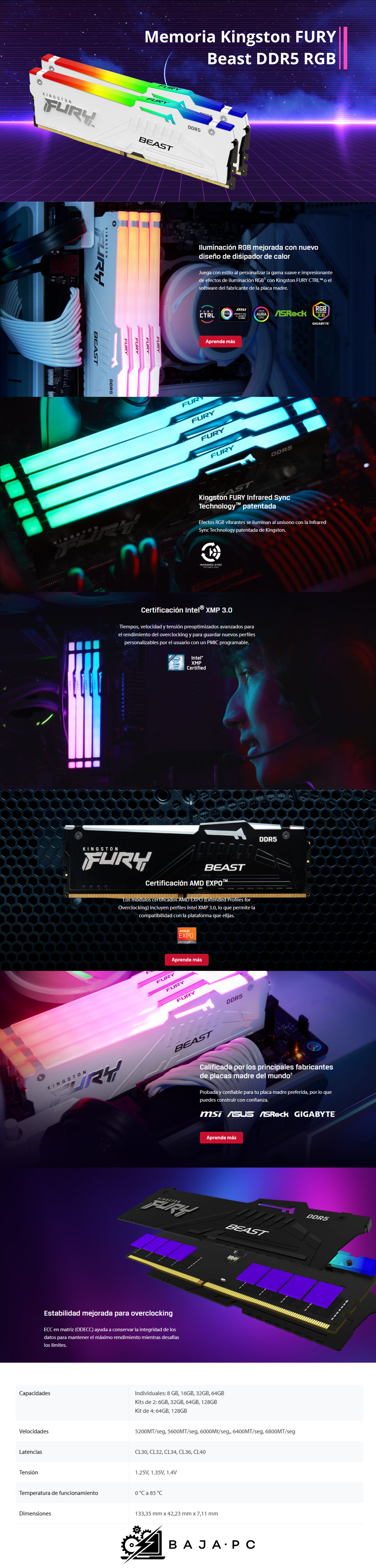 Memoria Ram Kingston Fury Beast RGB / DDR5 / 6000MHz / 32GB (2x16GB) / CL30-36-36 / XMP / Blanco / KF560C30BWEAK2-32 / SOLO VENTA EN ENSAMBLE