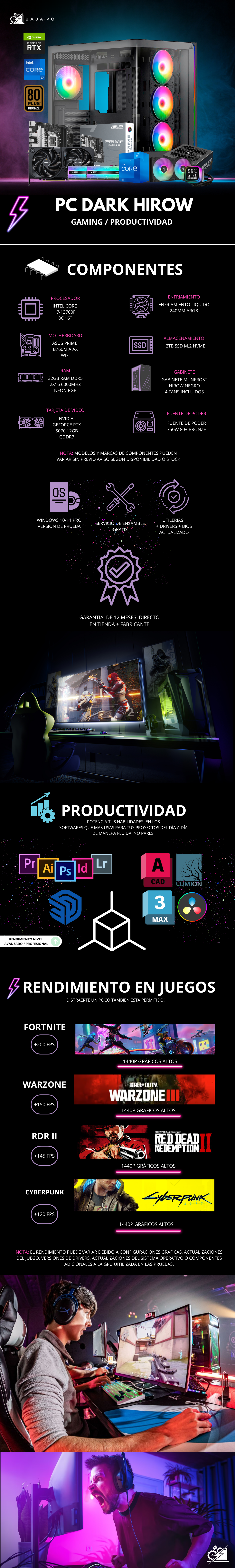 PC DARK HIROW / INTEL CORE I7-13700F / RTX 5070 / 32GBR AM DDR5 / 2TB SSD M.2 NVME / ENFRIAMIENTO LIQ 240MM / FUENTE 750W 80+ BRONZE / PROMOCION
