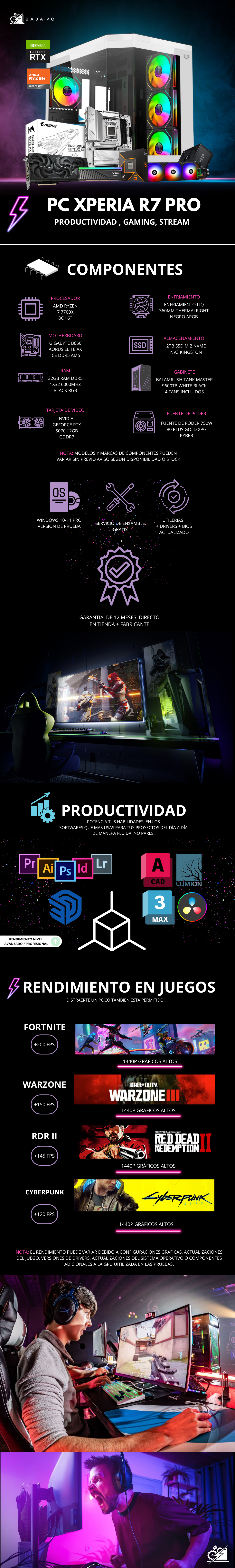 PC XPERIA R7 PRO / AMD RYZEN 7 7700X / RTX 5070 / 32GB RAM DDR5 / 2TB SSD NVME / ENFRIAMIENTO LIQ 360MM /FUENTE 750W 80+ GOLD /PROMOCION