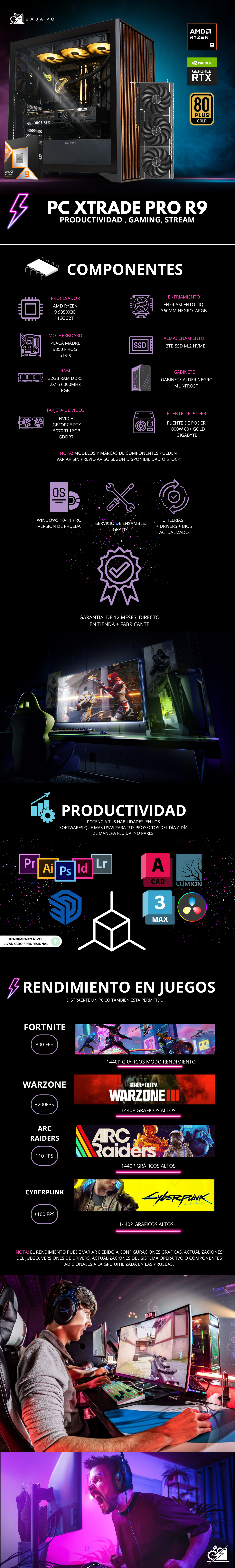 PC XTRADE PRO R9 / AMD RYZEN 9 9950X3D / RTX 5070 TI / 32GB RAM DDR5 / 2TB SSD NVME / ENFRIAMIENTO LIQUIDO 360MM / FUENTE 1000W 80+ GOLD / W11 PRO / PROMOCION