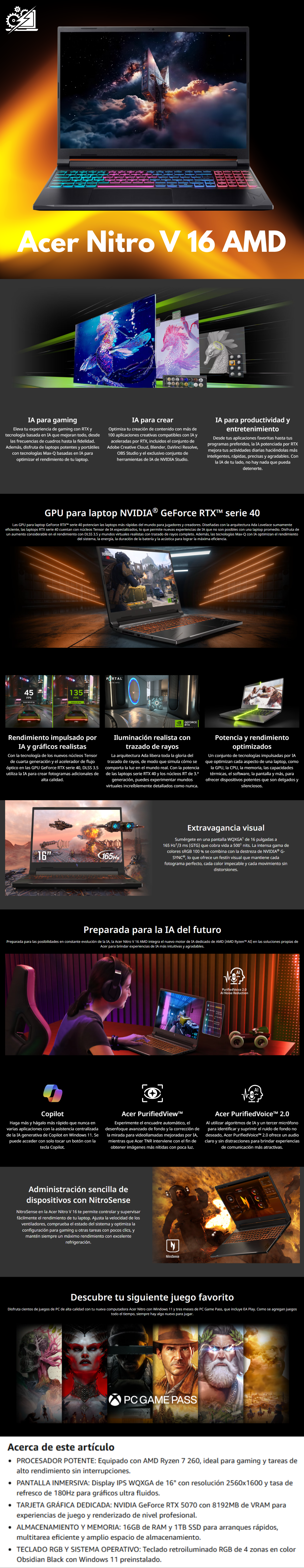 Acer Nitro V 16S AI Laptop Gaming, Ryzen™ 7 260, 16" WQXGA 180Hz IPS, NVIDIA® RTX 5070 8GB, 16GB RAM, 1TB SSD, Windows 11, Teclado RGB 4 Zonas, Negro Obsidiana