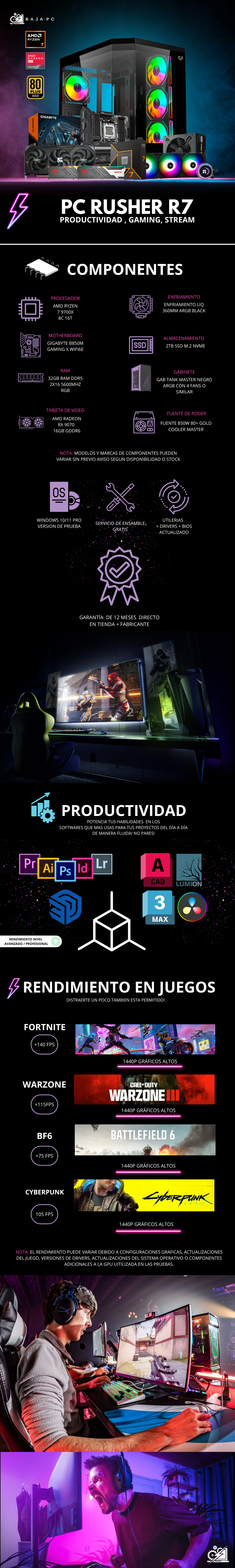 PC RUSHER R7 / AMD RYZEN 7 9700X / RADEON RX 9070 16GB / 32GB RAM DDR5 / 2TB SSD NVME / ENFRIAMIENTO LIQ 360MM / FUENTE 850W 80+ GOLD / W11 PRO / PROMOCION