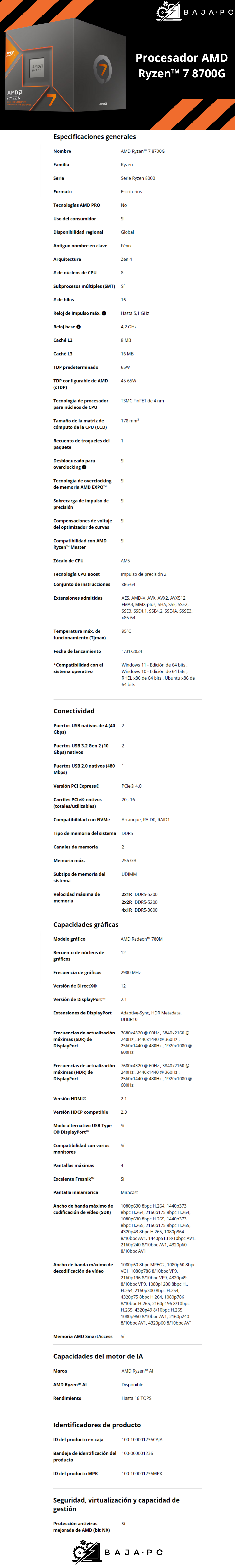 Procesador AMD RYZEN 7 8700G / 5.1 GHZ / 8 Núcleos / Socket AM5 / AMD Radeon 780M Graphics / 8000 Series / 100-100001236BOX