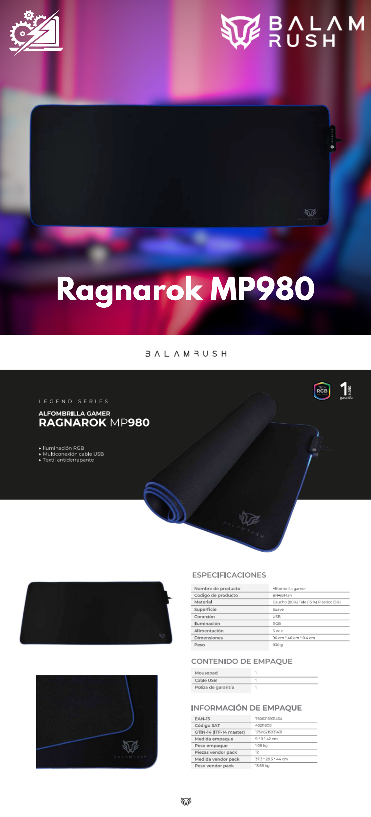 Mouse Pad Gamer Balam Rush Ragnarok, RGB, 10 Modos de iluminación, 90 x 40 cm, Color Negro.