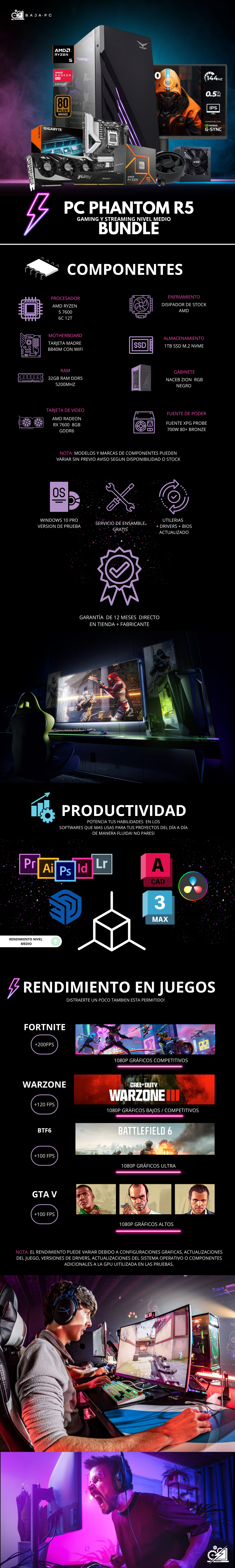 PC PHANTOM R5 BUNDLE / AMD RYZEN 5 7600 / RADEON RX 7600 / 32GB RAM DDR5 / 1TB SSD NVME / B840M/ WIFI /BLUETOOTH / FUENTE 700W 80+ BRONZE / W11 PRO / INCLUYE MONITOR 23.8" FHD 144HZ/ PROMOCION