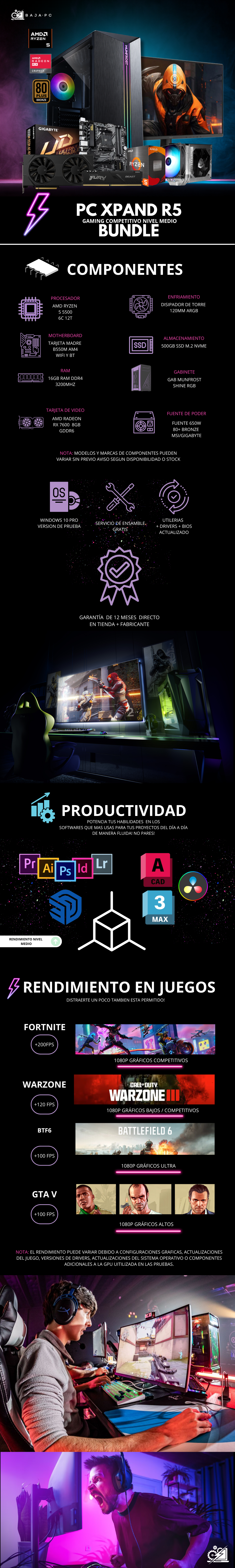 PC XPAND R5 BUNDLE / AMD RYZEN 5 5500 / RADEON RX 7600 / 16GB RAM / 500GB SSD NVME / FUENTE 650W 80+ BRONZE/ DISIPADOR DE TORRE ARGB / MONITOR 3.8" 144HZ 1MS /  W11 PRO / PROMOCION