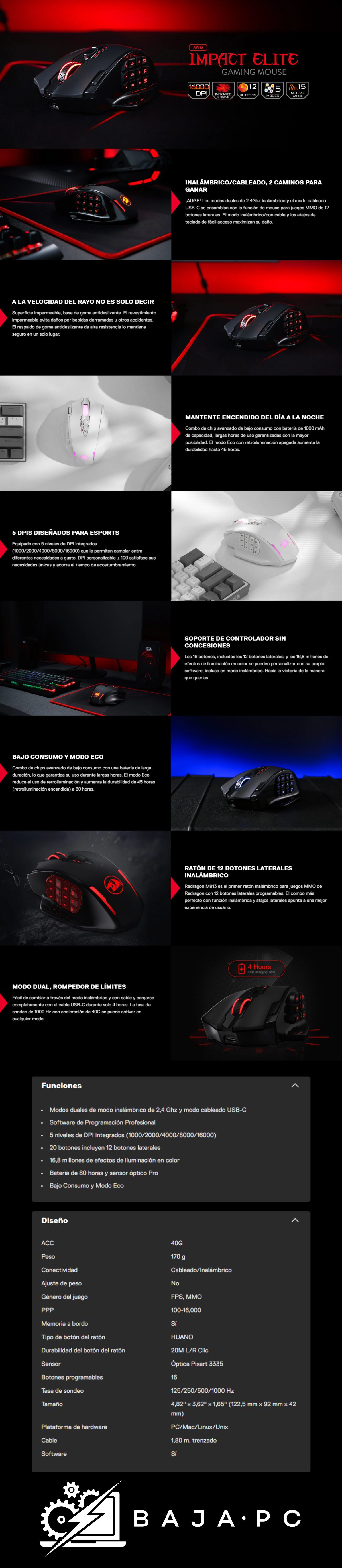 Mouse Gamer Redragon M913 Impact Elite, Inalambrico, 16K DPI, 16 Botones Programables, 80 Horas de bateria