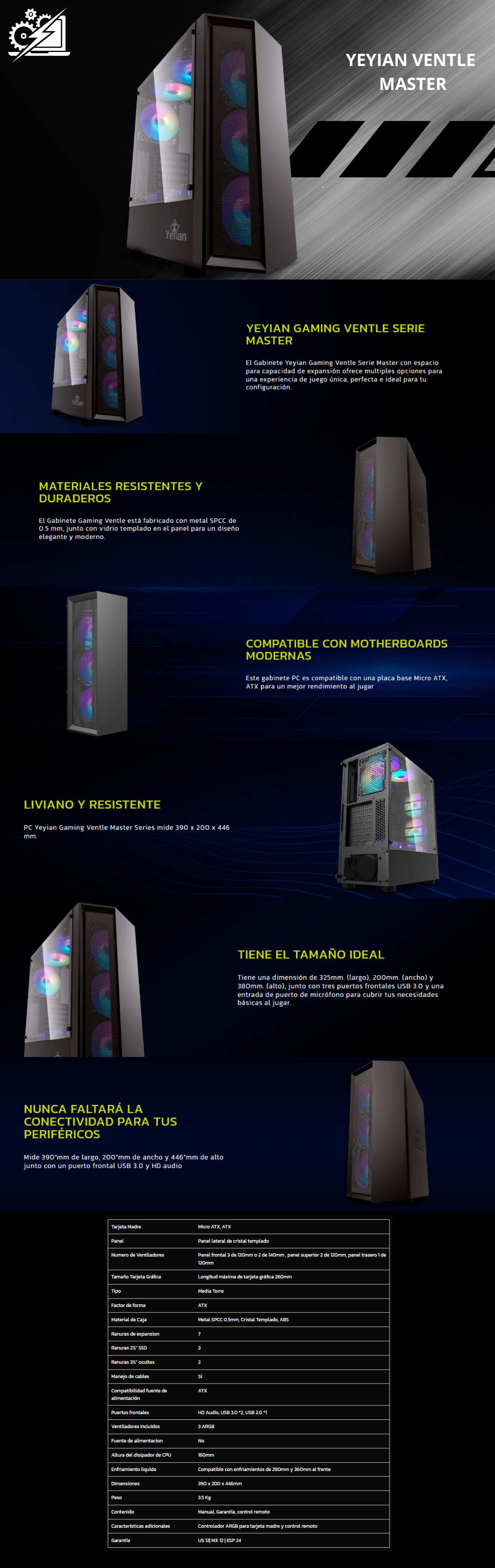 Gabinete Gamer Yeyian Ventle Master / ATX / Incluye 3 ventiladores rgb / YCH-ATAB-01BK
