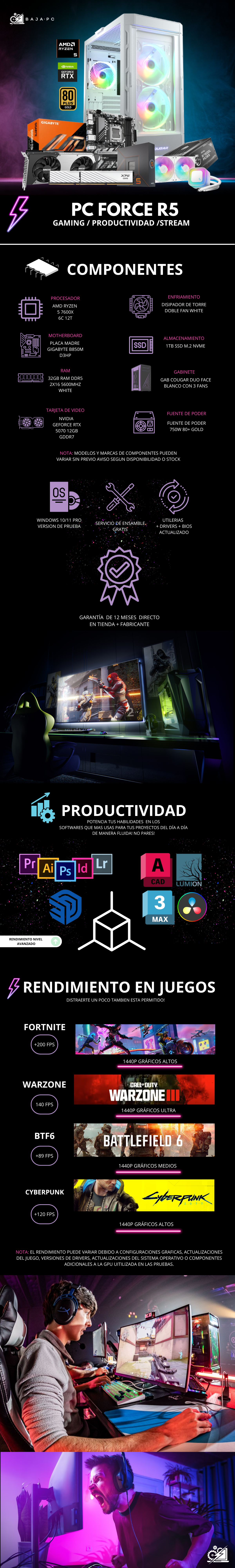 PC FORCE R5 / AMD RYZEN 5 7600X / RTX 5070 / 32GB RAM DDR5 / 1TB SSD NVME / DISIPADOR DE TORRE DOBLE FAN / B850M / W11 PRO / PROMOCION