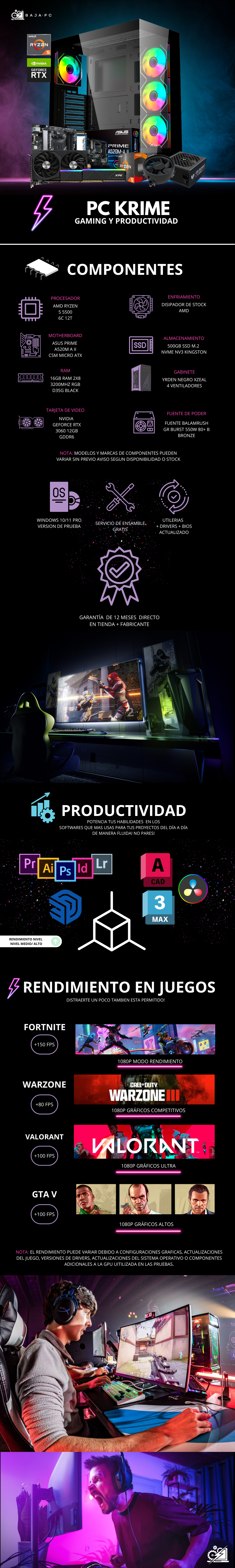 PC KRIME / AMD RYZEN 5 5500 / RTX 3060 12GB / 16GB RAM / 500GB SSD NVME / DISIPADOR DE STOCK / FUENTE 550W 80+ BRONZE/ PROMOCION