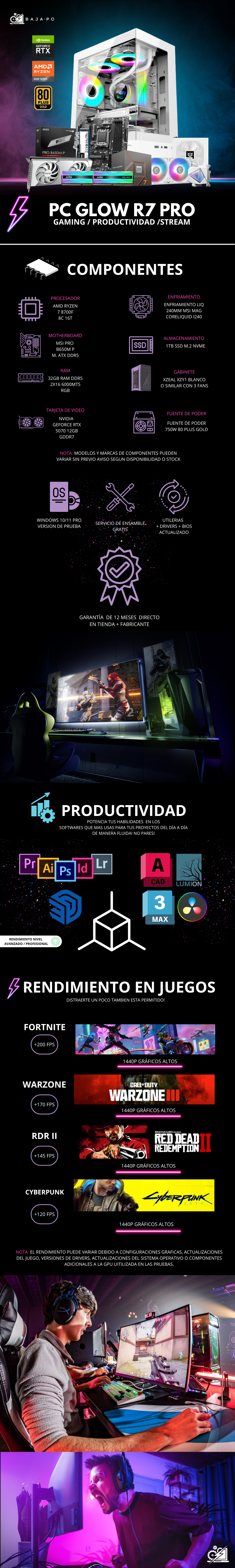 PC GLOW R7 PRO / AMD RYZEN 7 8700F / RTX 5070 / 32GB RAM DDR5 / 1TB SSD NVME / ENFRIAMIENTO LIQ 240MM / FUENTE 750W 80+ GOLD / W11 PRO / PROMOCION