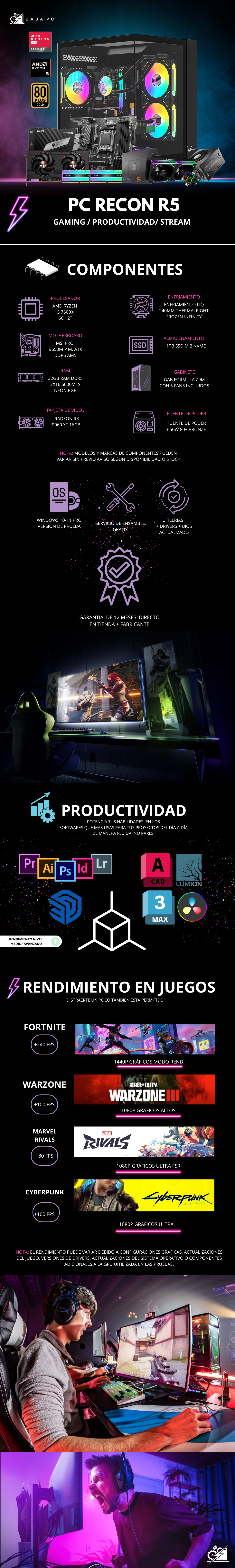 PC RECON R5/ AMD RYZEN 5 7600X / RADEON RX 9060 XT 16G / 32GB RAM DDR5 / 1TB SSD NVME / ENFRIAMIENTO LIQ 240MM / FUENTE 650W 80+ BRONZE/ B650M / PROMOCION