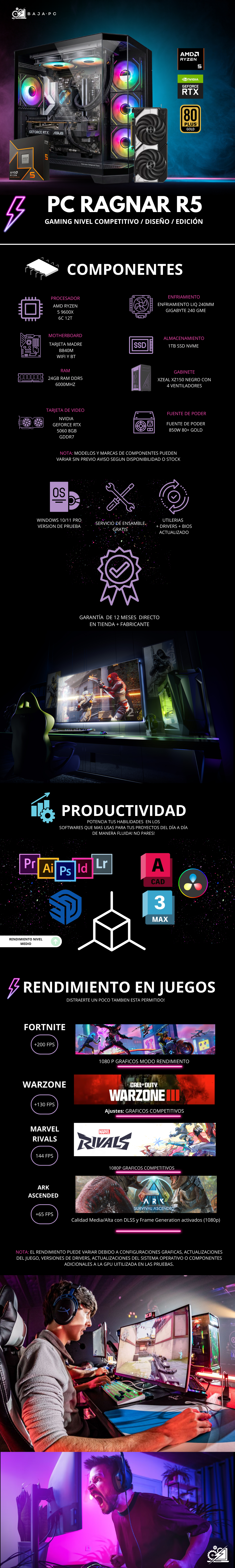 PC RAGNAR R5 / AMD RYZEN 5 9600X / RTX 5060 / 24GB RAM DDR5 / 1TB SSD NVME / ENFRIAMIENTO LIQUIDO 240MM / FUENTE 850W 80+ GOLD / W11 PRO / PROMOCION