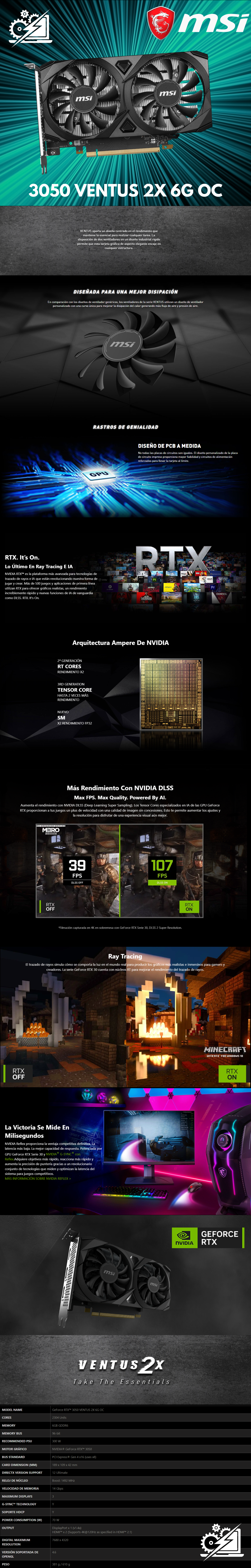 Tarjeta de Video Nvidia GeForce RTX 3050/ 6GB GDDR6 / MSI VENTUS 2X OC / 912-V397-418