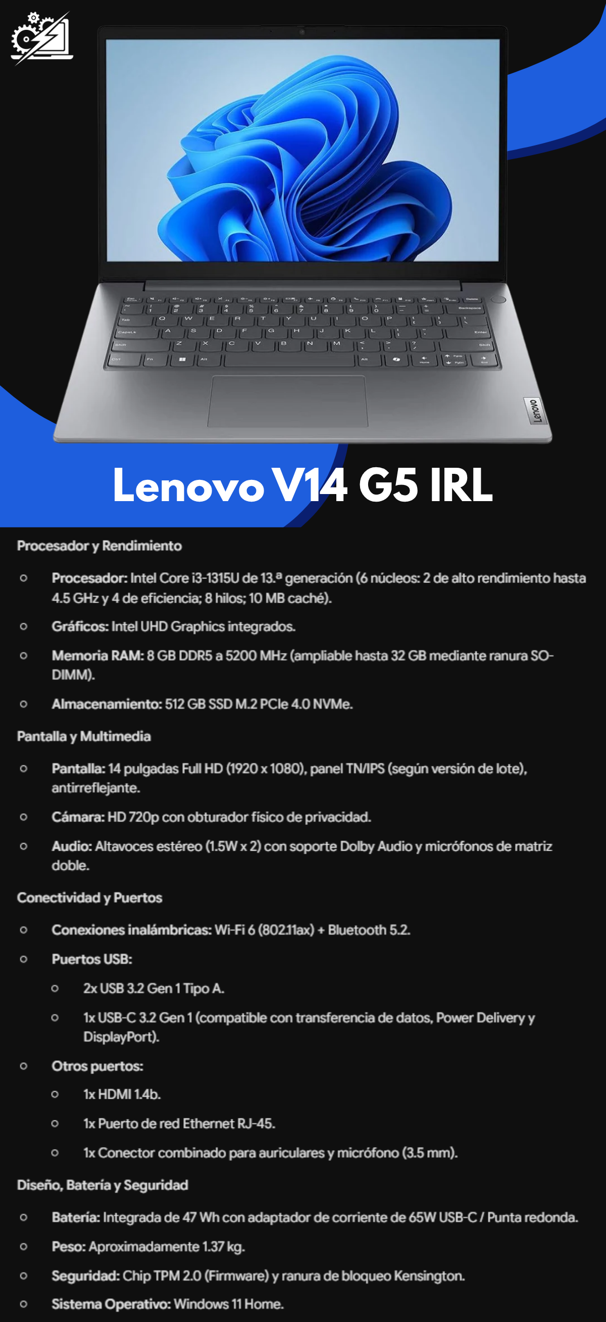 Laptop LENOVO v14 g5 irl 14 pulgadas Full HD intel core i3 intel UHD graphics 8 GB RAM 512 GB SSD