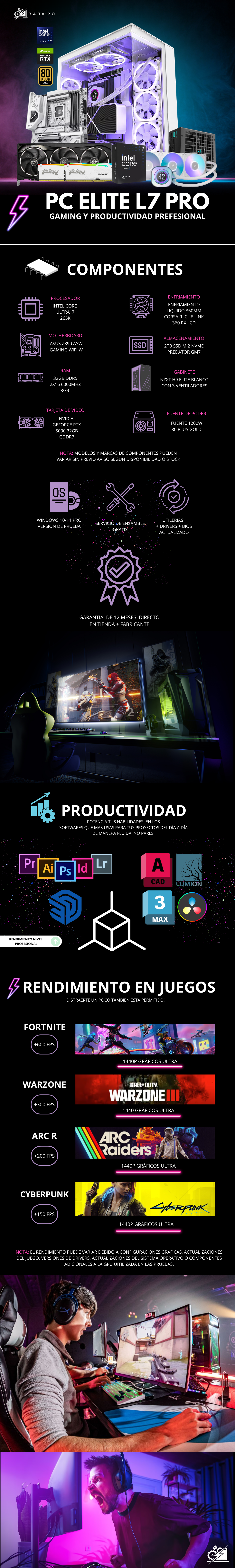 PC ELITE L7 PRO / INTEL CORE ULTRA 7 265K / RTX 5090 / 32GB RAM DDR5 / 2TB SSD NVME / Z890 / ENFRIAMIENTO LIQ 360MM CON PANTALLA / FUENTE 1200W 80+ GOLD / W11 PRO / PROMOCION
