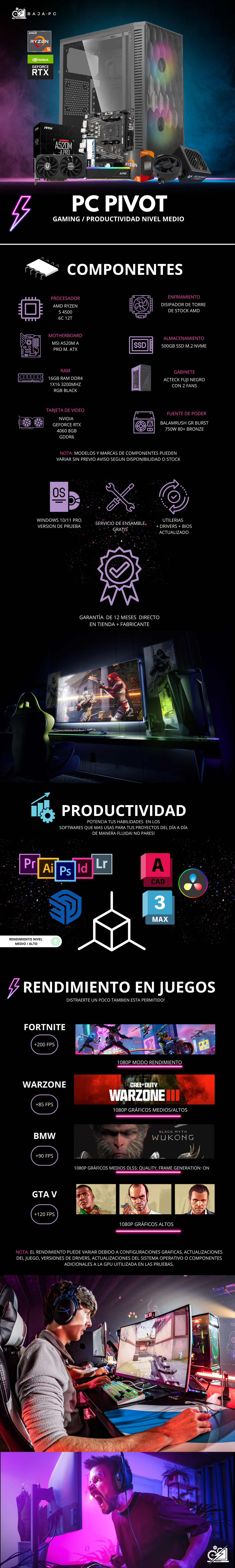 PC PIVOT / AMD RYZEN 5 4500/ RTX 4060 / 16GB RAM / 500GB SSD NVME / DISIPADOR DE STOCK / FUENTE 750W 80+ BRONZE / PROMOCION