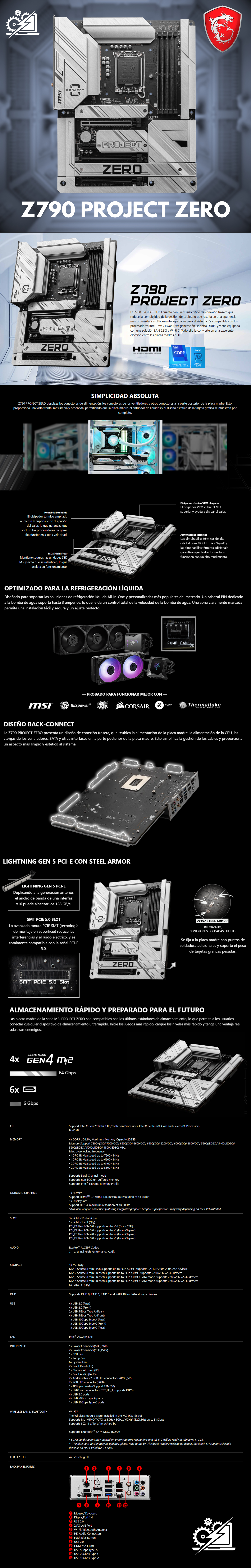 Tarjeta Madre MSI Z790 Project Zero / LGA1700 / DDR5 / PCIe 5.0 / M.2 / LAN de 2.5Gbps / USB 3.2 Gen2 / Wi-Fi 7 / ATX / Back Connect / Z790 PROJECT ZERO/