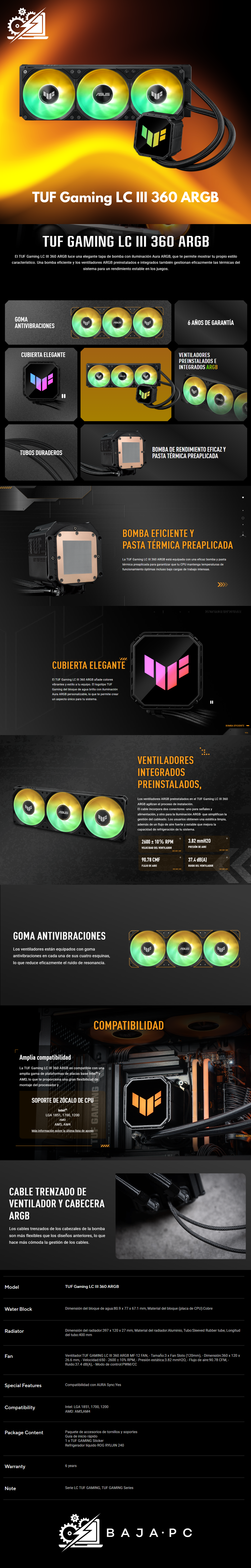 ASUS TUF Gaming LC III 360 ARGB AIO enfriador con triple ventiladores preinstalados e integrados diseñados para un alto flujo de aire y presión estática