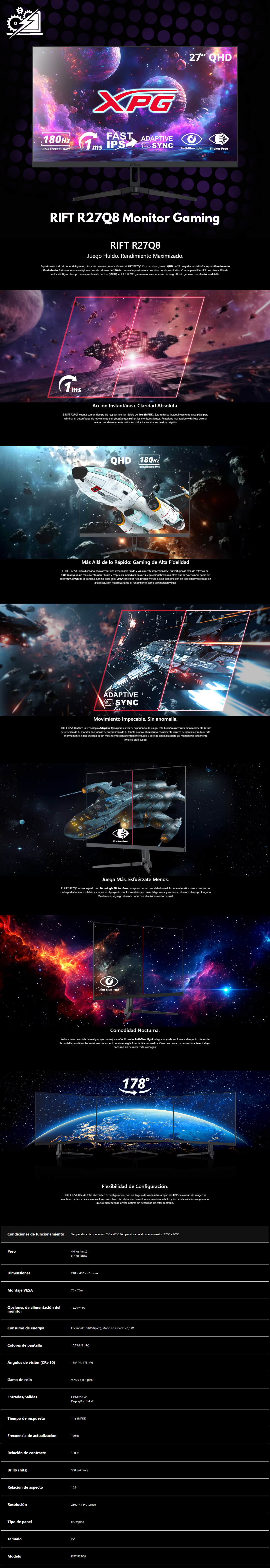 Monitor Gamer XPG RIFT R27Q8 / 27 /2560x1440 / 180Hz / HDMI/DisplayPort / Negro / RIFT R27Q8 BK C MX / IPS