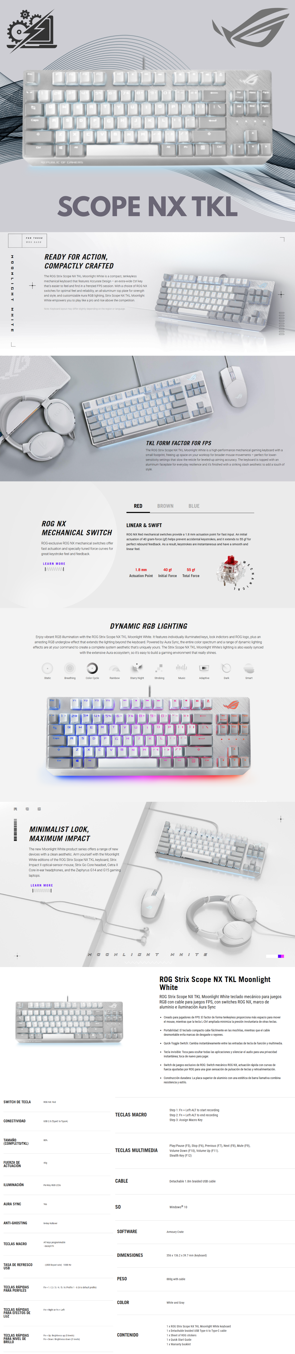 Teclado Gamer Mecánico ASUS ROG SCOPE Moonlight / TKL / Switch ROG RED NX Deluxe / Aura Sync RGB / Distribución de teclas en Ingles / X806