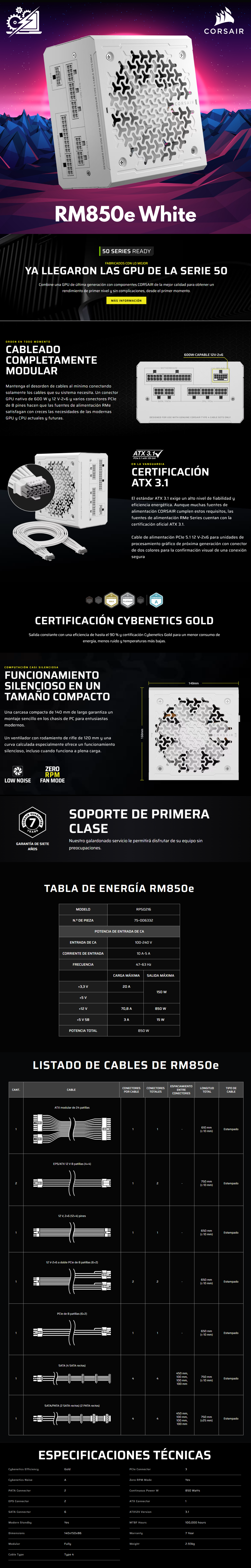 FUENTE DE PODER MODULAR CORSAIR RM850E WHITE 850W 80+ GOLD – CYBERNETICS GOLD / A- – ATX 3.1 PCIE 5.1