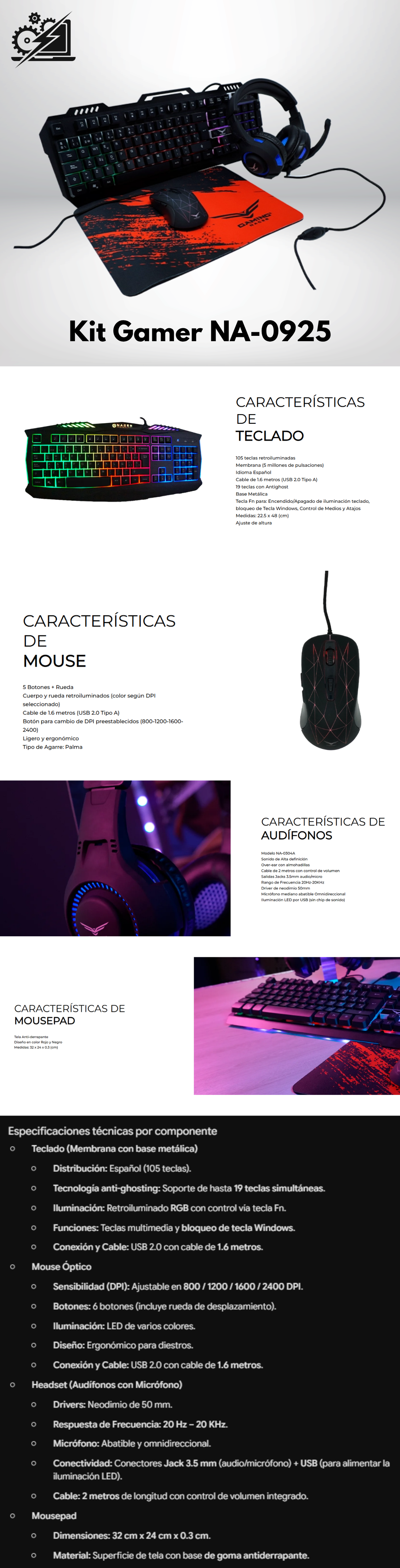 KIT GAMER 4 EN 1 NACEB NA-0925 / Kit teclado y Mouse Led RGB / Diadema LED Doble 3.5 mm + USB / Mousepad de alta precisión