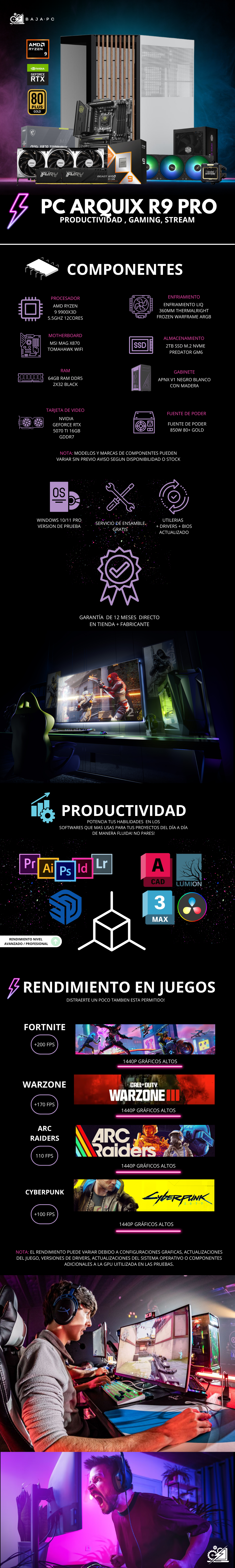 PC ARQUIX R9 PRO / AMD RYZEN 9 9900X3D / RTX 5070 TI / 64GB RAM DDR5/ 2TB SSD NVME / X870 / ENFRIAMIENTO LIQ 360MM CON PANTALLA / FUENTE 850W 80+ GOLD / W11 PRO / PROMOCION