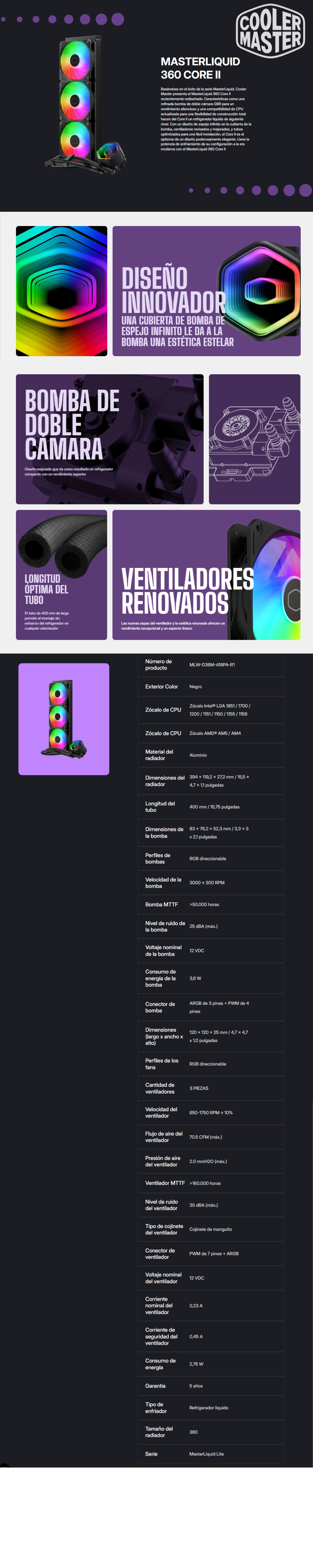 Enfriamiento Liquido Cooler Master Masterliquid 360 Core II ARGB (MLW-D36M-A18PA-R1)/ INTEL / AMD 