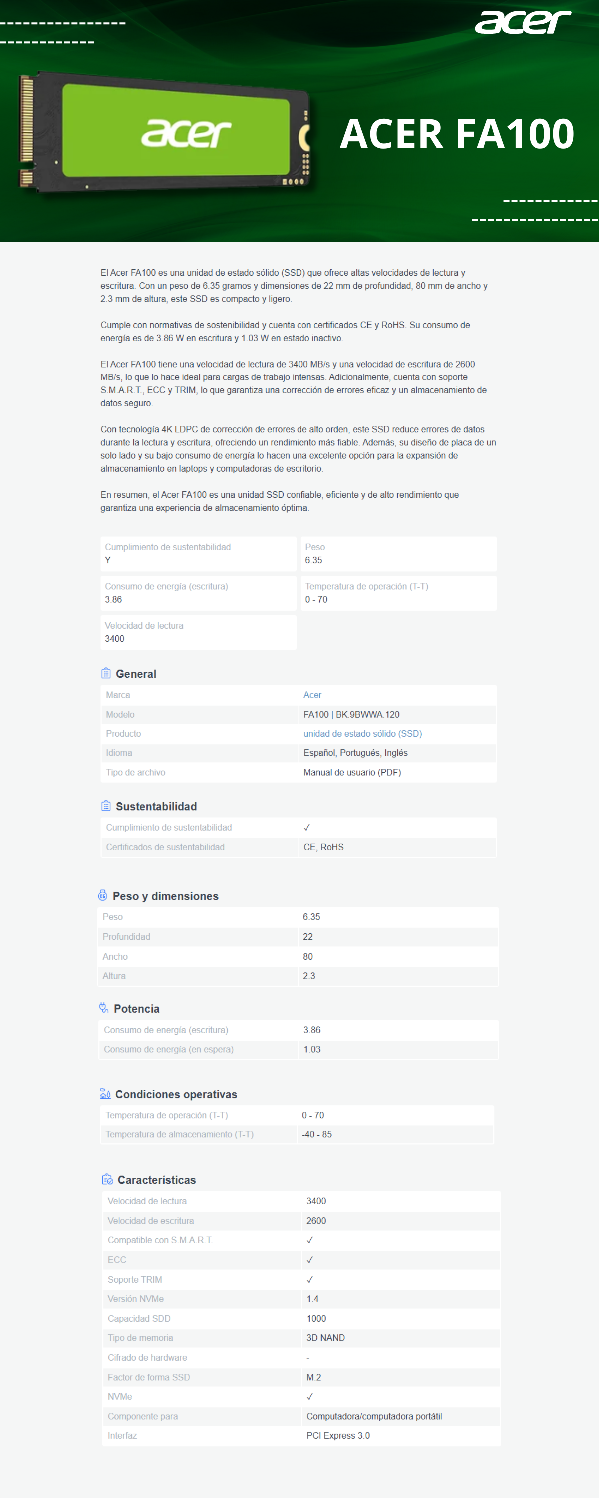 Unidad de estado solido SSD 1TB PCI-e 3.0 M.2 Acer FA100 / BL.9BWWA.120