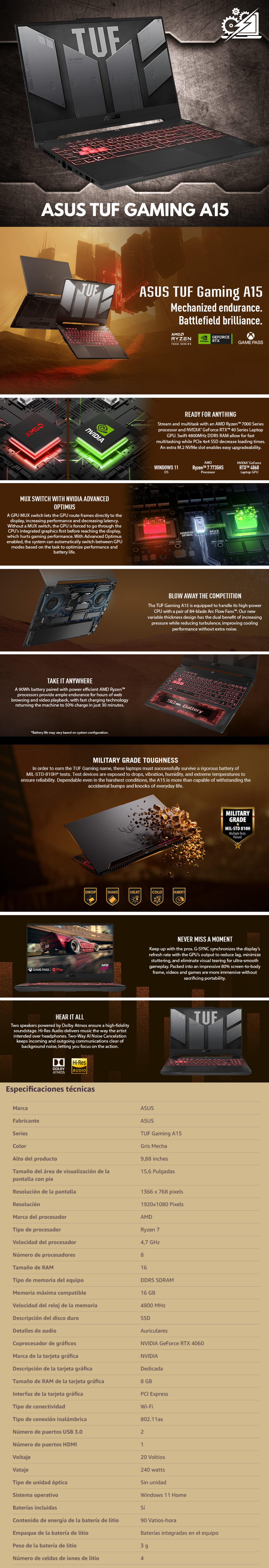 Laptop Gamer Asus TUF A15 FA507 / AMD RYZEN 7 7735HS / RTX 4060 / 16GB RAM DDR5 / 1TB SSD / Pantalla 15.6" FHD 144HZ / Mecha Grey / Teclado en Ingles / W11 Home