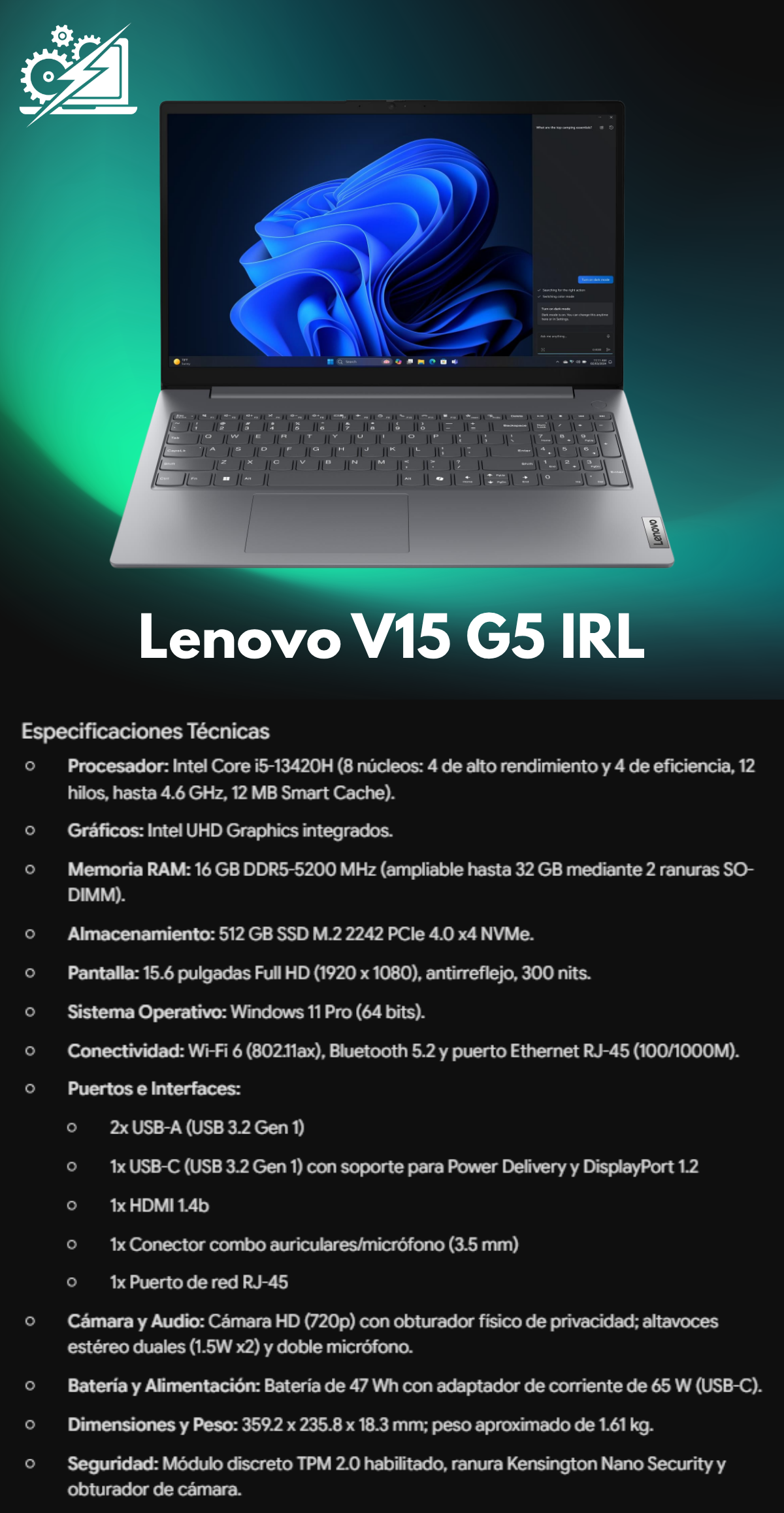 Laptop Lenovo V15 G5 IRL Intel Core i5-13420H, 16 GB, 512 GB, W11P, 3 años de garantia